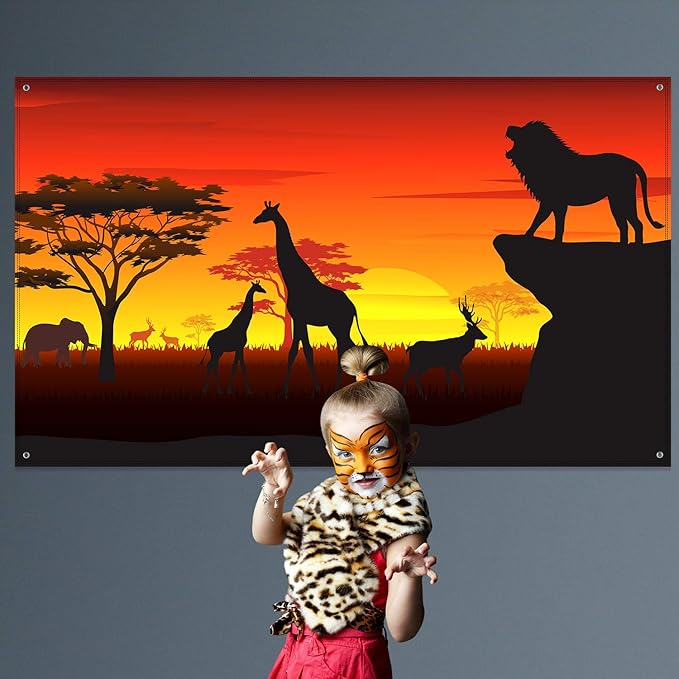 Blulu African Safari Theme Party Decorations, 72.8 x 43.3 Inch African Safari Backdrop Banner Theme Supplies, Tropical Forest Jungle Scenic Background Photo Booth Banner Wild Birthday Party Decoration