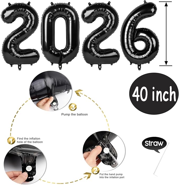 2026 Balloon Jumbo 2026 Black Number Foil Balloons Graduation Balloons Durable Reusable Easy to Inflate for New Year Graduation Birthday&Anniversary Parties