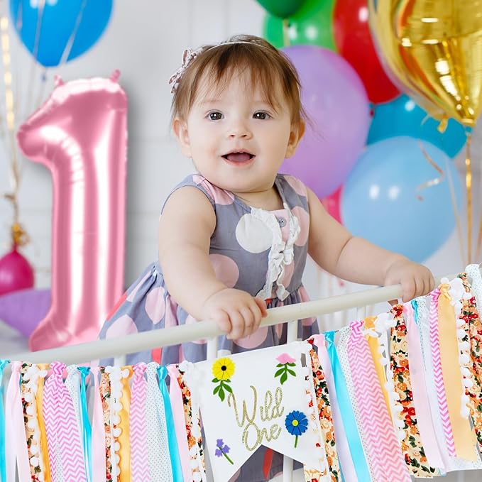 Wild Flower High Chair Banner for First Birthday Party Decoration Pink Floral Wild One High Chair Tassel Garland Banner for Girls Baby Shower Wildflower 1st Birthday Backdrop Decors Party Supplies