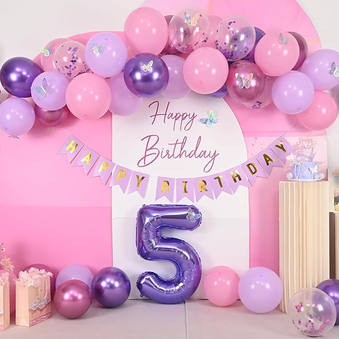 5th Pink Purple Birthday Decorations,Pink Purple 5th Birthday Balloons for Girls Lavender Party Decor Banner Number 5 Balloons Cake Topper Butterfly Party Decorations for 5 Year Old Girls
