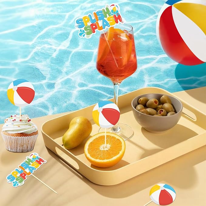 24 Pack Splish Splash Beach Ball Cupcake Toppers, Summer Pool Party Decorations Picks for Pool Theme Wedding Baby Shower Birthday Party Supplies (Splish Splash)