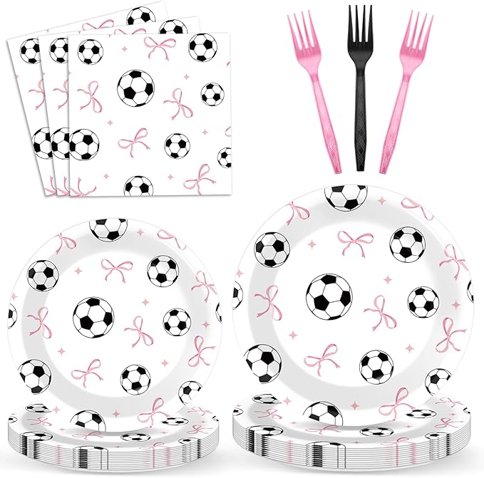 96PCS Soccer and Bow Party Paper Plates and Napkins for Sports Themed Party Dessert Cake Plates Disposable Decor Pink Bow Soccer Birthday Parties Set for Boys Girls Birthday Gatherings Decorations