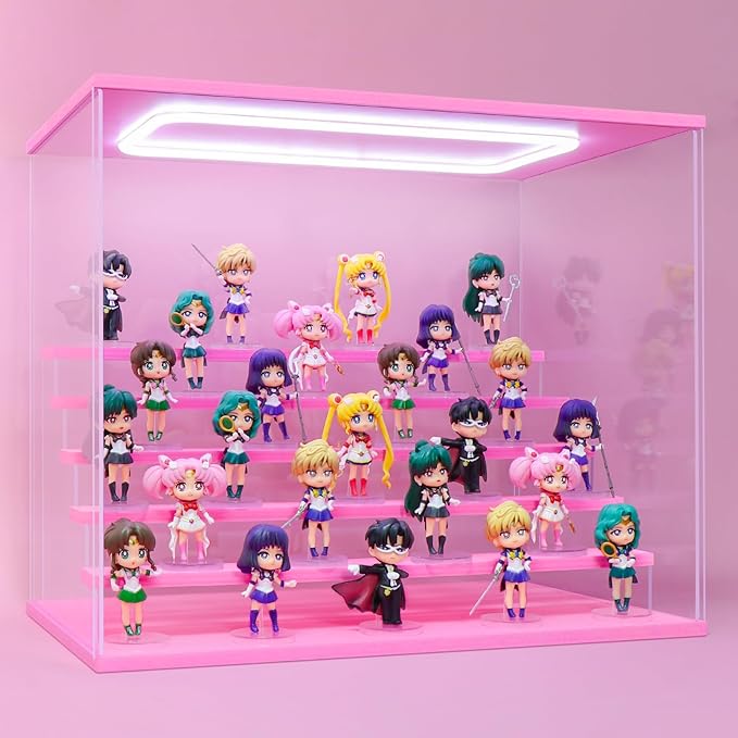 Pink Wood Base Acrylic Display Case for Collectibles, 6-Tier Clear Display Box with Steps for Funko Pop & Action Figures, Dustproof Showcase Organizer, 19.7x12.6x16.5 Inches