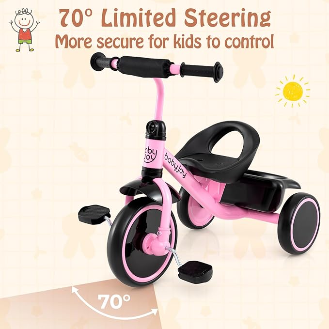 BABY JOY Toddler Tricycle, Kids Trike with Adjustable Seat and Storage Basket for Boys Girls Indoor and Outdoor Riding, Toddler Trike for Baby 3-5 Years Old (Pink)