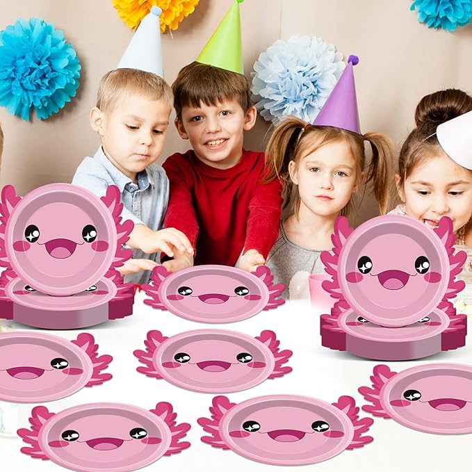 60Pcs Pink Axolotl Shaped Birthday Party Decorations Reptile Animals 7 Inch Dessert Plates Plates Cartoon Dinner Disposable Tableware Set for Kids Girls Party Baby Shower Supplies Favors