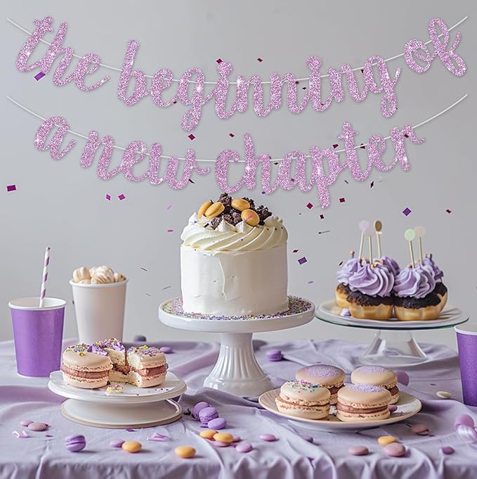 BEISHIDA The Beginning of A New Chapter Banner, Farewell party Decoration,Graduation Sign 2026 Banner,Happy retirement Supplies,Going away party Sign Garland,Graduation banner Glitter Light Purple