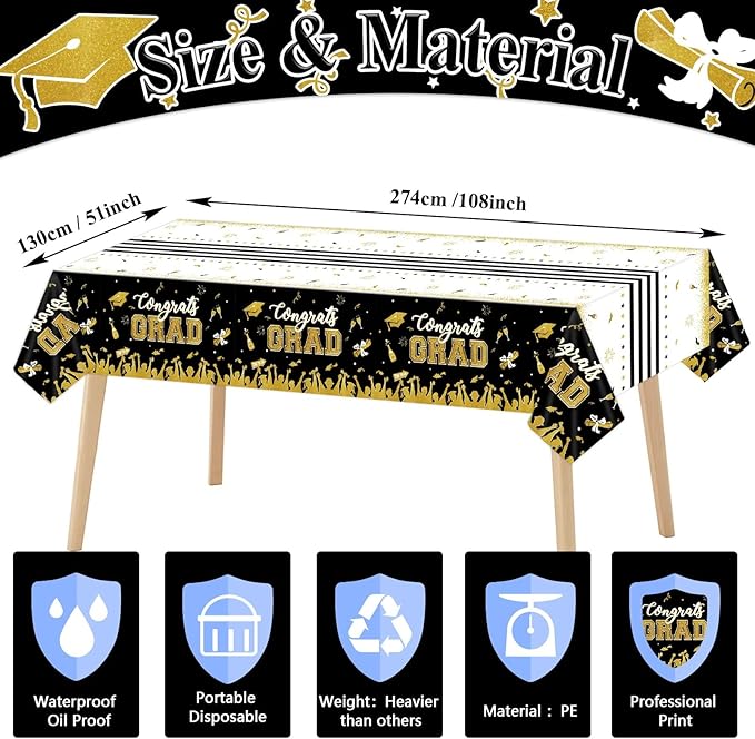 chiazllta Set of 3 Graduation Tablecloths Class of 2025 Congrats Grad Black Graduation Party Tablecover Decorations Party Supplies Large Size Plastic 54"x108"(Black & Gold)