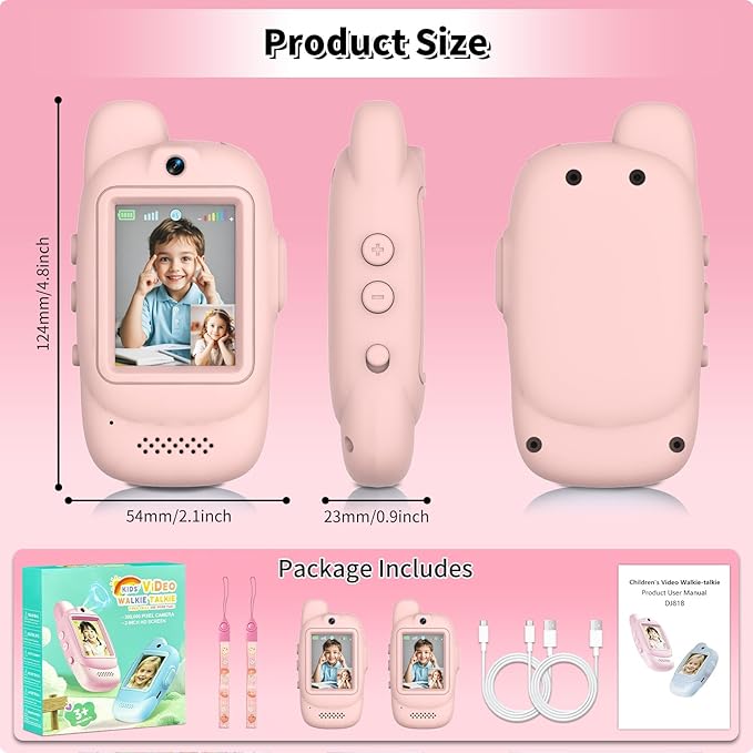 Video Walkie Talkies for Kids, Handheld 2 Pack Rechargeable Kids Video walkie talkies,Long Range Ideal for Family Games, Outside, Camping, Hiking (Pink - A)