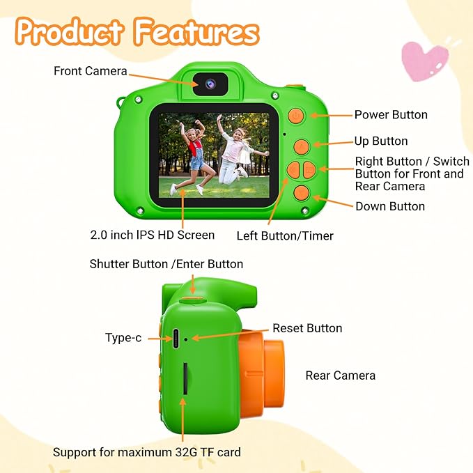 Kids Camera for Girls Boys Age 3-9, 1080P HD Toddler Camera, Kids Selfie Digital Camera with 32GB SD Card, Portable kids Toys for 3 4 5 6 7 8 9 Years Old, Christmas Birthday Present,Green