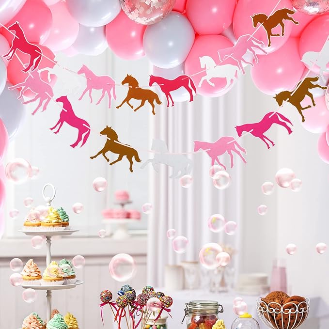 Tegeme 2 Pieces Horse Garland Banner Pink Horse Banner for Birthday Cute Felt Supplies for Pony Club Decorations Racing Birthday Wedding Party Hanging Decoration Supplies