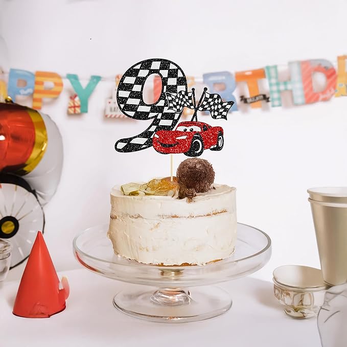 Gyufise 1Pc Race Car 9th Cake Topper Glitter 9th Racing Car Birthday Cake Topper Decoration for Racing Car Checkered Flag Themed Girl Boy 9 Years Birthday Party Supplies