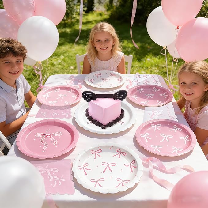 40 Pcs Pink Bow Plates and Napkins Tableware Sets for Bow Party Decorations, Pink Bow Birthday Decorations Which Can Serve 20