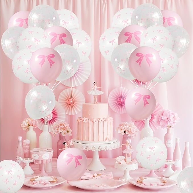 Pink Bow Balloons, 35PCS Light Pastel Pink Clear White Bow Latex Balloon for Girls Women Wedding Bridal Baby Shower Bachelorette Engagement Princess Coquette Birthday Theme Party Decorations Supplies