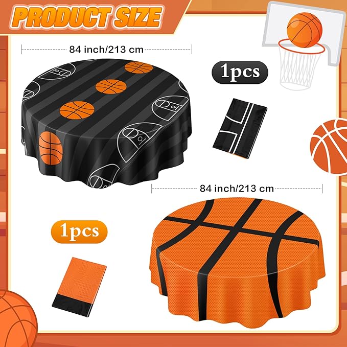 2 Pack Round Basketball Tablecloth 84 Inch Plastic Basketball Party Decorations Disposable Table Cloth Washable Disposable Circle Table Cover for Birthday Party Supplies Decoration