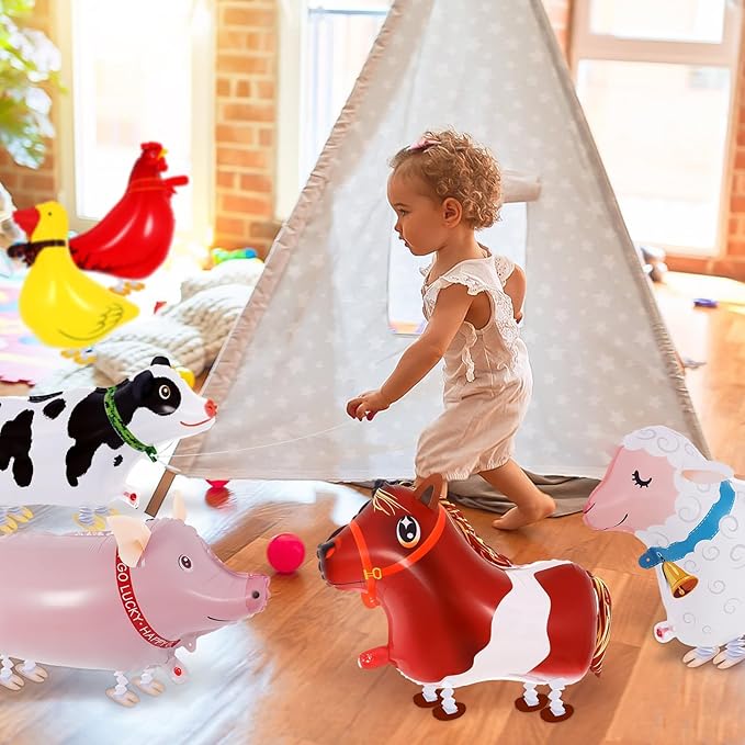 6 Pcs Walking Animal Balloons, Farm Animals Balloons, Walking Foil Mylar Balloon, Farm Birthday Decorations for Farm Theme Party Supplies (Animal)