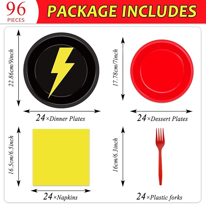 96PCS Red Black Yellow Birthday Party Decorations Cartoon Game Paper Plates Napkins Lightning Tableware Supplies Cartoon Animated Dinnerware for Birthday Table Party Favors