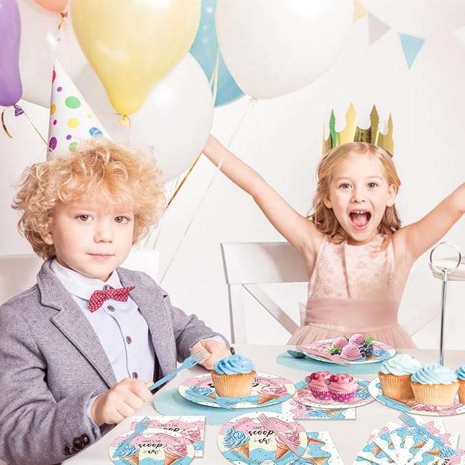 96PCS Whats The Scoop Plates and Napkins Party Supplies Whats The Scoop Gender Reveal Decorations Ice Cream Gender Reveal Party Decorations Disposable Paper Tableware Set Serves 24 Guests