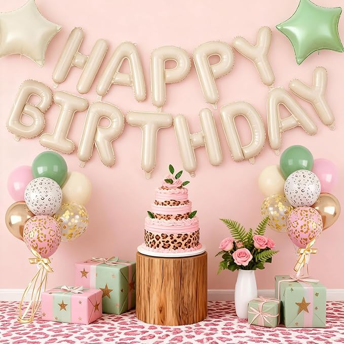 29PC Cream Pink Leopard Happy Birthday Balloon Banner, 16Inch 3D Aluminum Letter Banner Sign, White Pink Cheetah Printed Balloons 18 Inch Green Star Foil Balloon for Forest Party Decorations