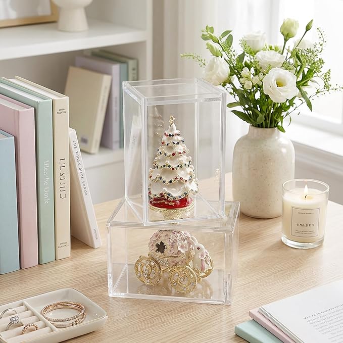 Frcctre 2 Pack Clear Acrylic Display Case, 3x3x4.5 Inches Small Stackable Showcase with Sliding Door, Dustproof Blind Box Organizer Cases for Mini Figures, Collectibles, Toys, Action Figures