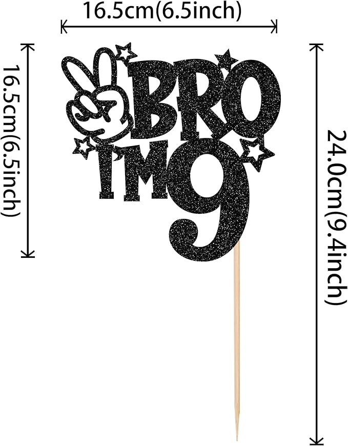 1 PCS Brother I'm 9 Cake Topper Glitter Star Happy 9th Birthday Cake Pick Bro I'm 9 Cake Decoration It's My 9th Birthday Decorations for Boys Cheers to 9 Years Old Birthday Party Supplies Black