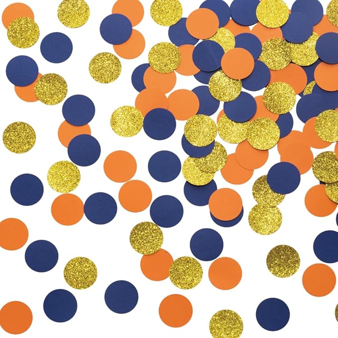 Gold Blue and Orange Confetti Table Decoration for Baby Shower Birthday Wedding Graduation Retirement Party, 1.2 inch in Diameter, 200 Counts