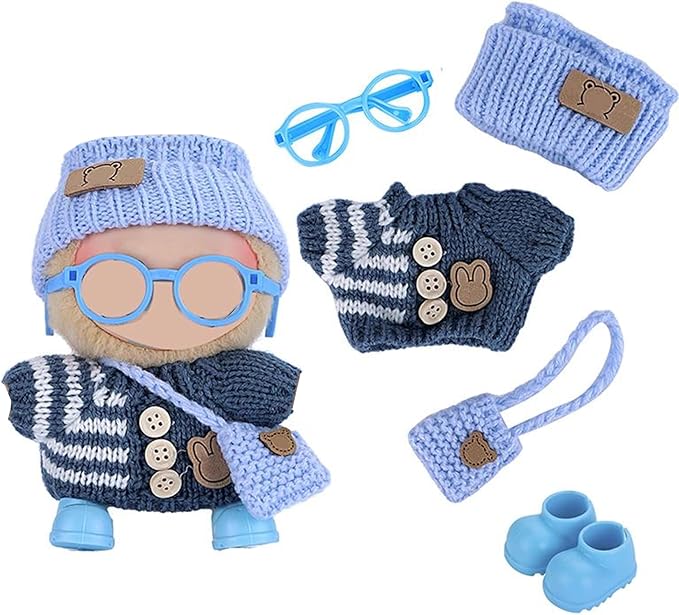 Knitting Outfit Set for 17cm Dolls, 4 Cozy Sweaters with Hats, Shoes, Glasses Bags, 6.7-Inch Doll Accessories, Gift Idea, (No Dolls)