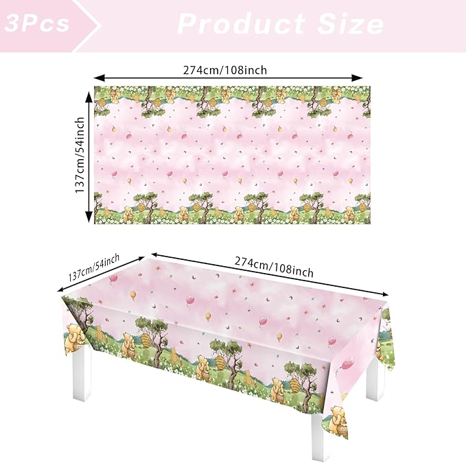 3pcs Party Tablecloth Bear Baby Shower Tablecloths Classic Bear Disposable Thickened Plastic Table Cover for Kids 1st 2rd Baby Party Supplies 54x108Inches (Pink)