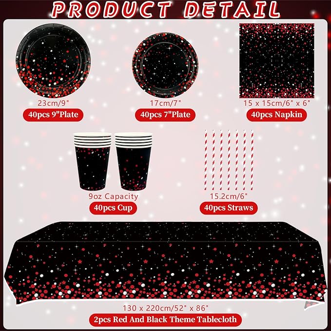 KEFAN Red Black Birthday Party Decorations, Red Black Theme Party Tableware Supplies including Plates, Cups, Napkins, Tablecloth (40)
