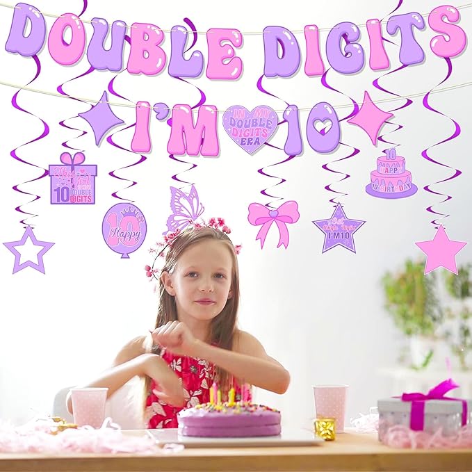 Pre-Strung 10th Birthday Decorations for Girls, NO DIY Double Digits I’M 10 Banner, Cheers to 10 Year Party Supplies, Hanging Swirls