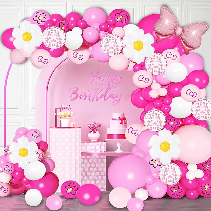 126 Pcs Pink balloon garland Arch Kit, Hot Pink Rose Red Balloons for Cartoon Cat Themed Birthday Party Decorations Girls Kids Gatherings Party Supplies