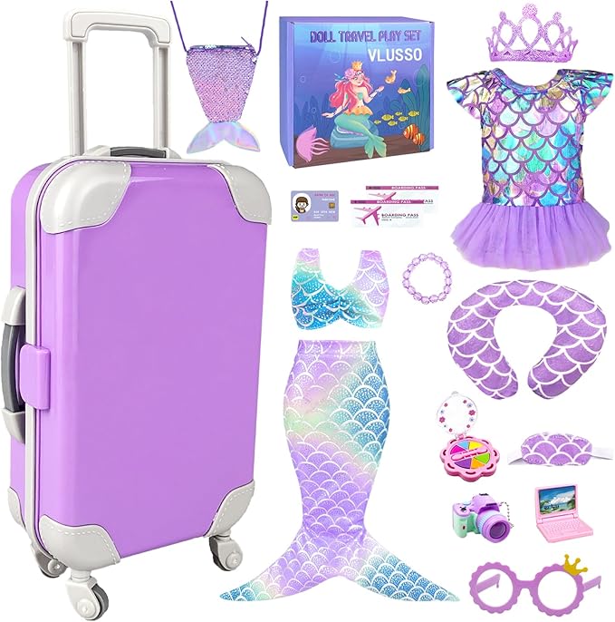 18 inch Girl Doll Accessories Case Luggage Travel Play Set with Clothes Camera Travel Pillow Bag Dress Glasses Stuff Fit 18 inch Doll Christmas Birthday Gift