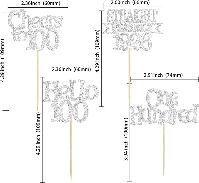 Ephlyn 24Pcs Happy 100th Birthday Cupcake Toppers Glitter Straight Outta 1926 Cupcake Picks Hello 100 Cheers to 100 Years Birthday Cake Decorations for 100th Birthday Anniversary Party Supplies Silver