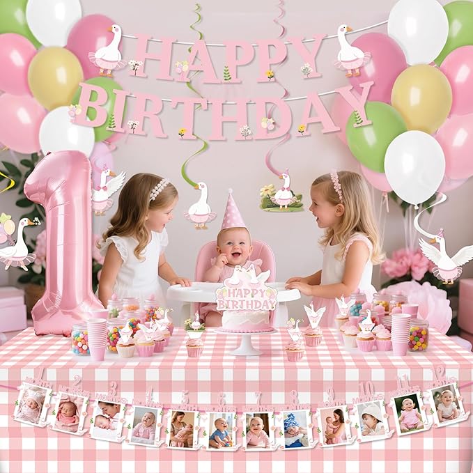 One Silly Goose Birthday Decor 1st Birthday Party Decoration Set For Girls And Boys Pink Bow Silly Goose Decorations With Balloons, Cupcake Toppers, Banner, Tablecloth, Hanging Swirls