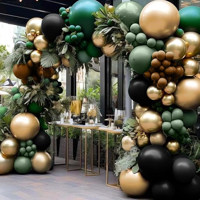Green and Brown Balloon, 60Pcs 12Inch Dark Green Black Metallic Gold Latex Balloon, Metallic Avocado Tan Chrome Gold Balloons for Camo Camping Game Army Jungle Safari Theme Birthday Party Decor