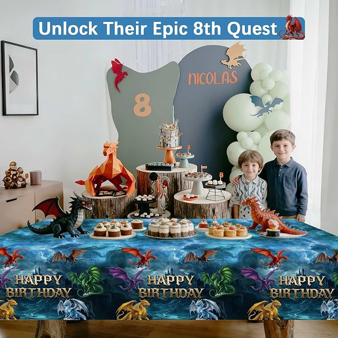 3pcs Dragon Birthday Party Decorations Tablecloth, Large Size 54 X 108 Inch Dragon Party Table Cloth for Dragon Themed Decor