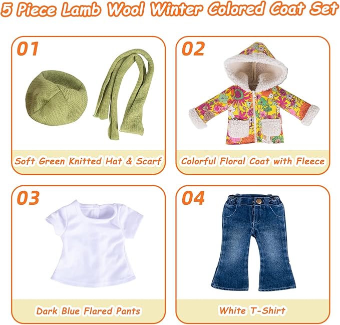 Doll Clothes Set 5 Pc. Set Includes Colorful Yellow Coat, Green Scarf and Hat, Blue Jeans & White T-Shirt Baby Doll Clothes Suit and Accessories (Doll & Shoes Not Included)