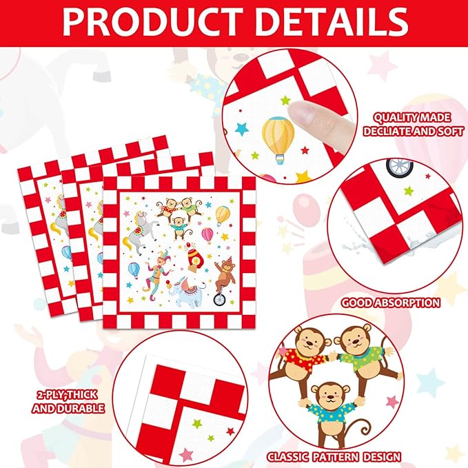 gisgfim 96 Pcs Circus Party Supplies Paper Plates Napkins Carnival Party Disposable Tableware Set Birthday Decorations Favors for Kids Baby Shower Circus Decor Serves 24