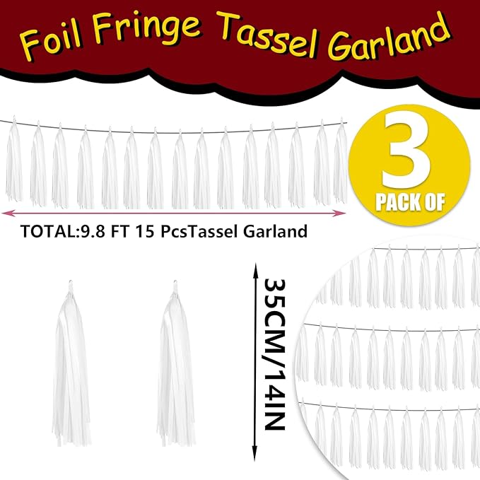 3P Metallic Fringe Banner Garland Foil Tinsel Streamer Wall Hanging Curtain Backdrop Banners for Parade Floats Graduation Decorations, Baby Bridal Shower Party Decoration(White)
