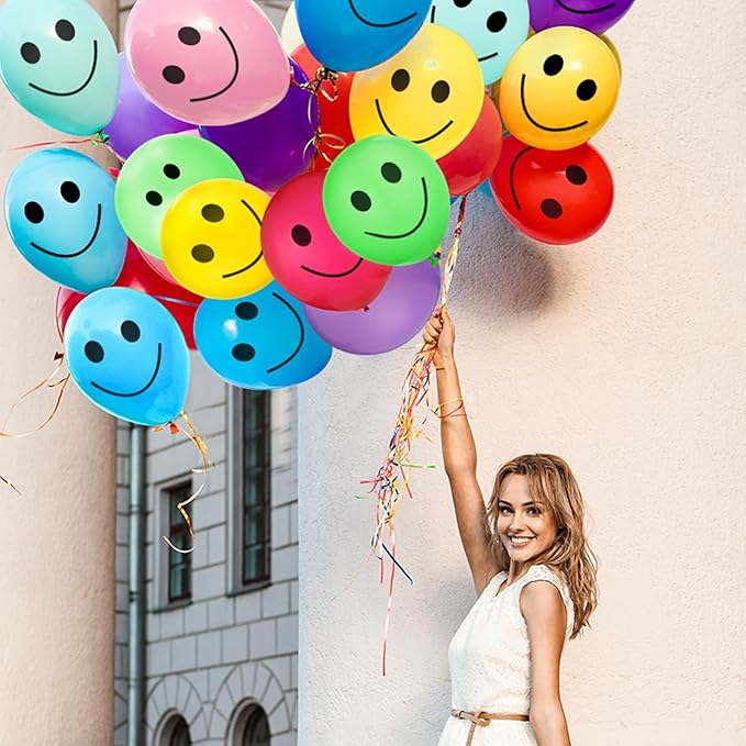 Sratte 50 Pcs Happy Smile Balloons for Birthday Party 12'' Latex Smile Face Colorful Naughty Balloons Party for Baby Shower Wedding Decoration Festive Supplies (Assorted Color)