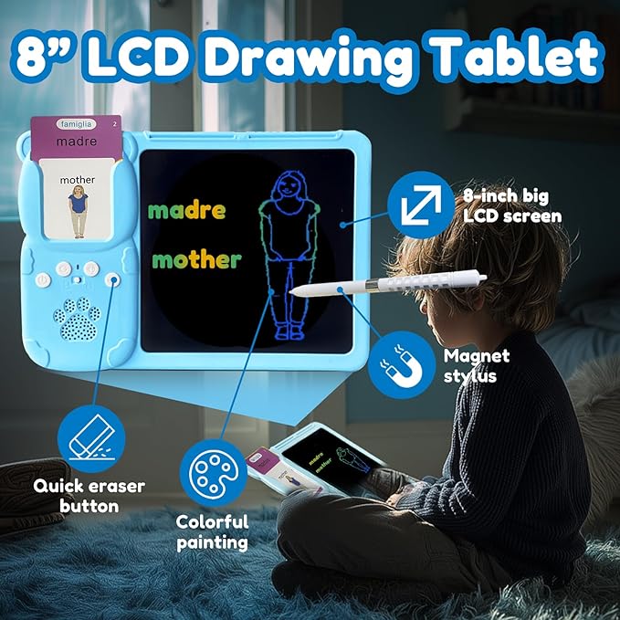 Drawing Tablet with Bilingual Flashcards for Kids - Italian English Talking Flash Cards, LCD Writing Pad Board, Pocket Speech for Toddlers, Learning Toy Gift for Boys Girls (Italian, Blue)