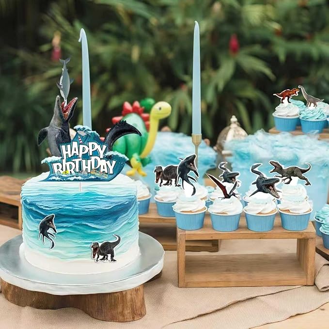 Mosasaurus Dinosaur Cake Toppers Party Decorations 49Pcs Mosasaurus Cupcake Toppers Dinosaur Dessert Decor for Dinosaur Theme Party Birthday Supplies