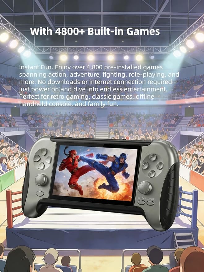4.3-Inch HD Screen Portable Retro Game Console with Built-in Classic Games – Instant Save, TV Output, Video/Music Player, Rechargeable Battery, for Teens & Adults