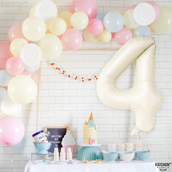 KatchOn, Giant Cream White 4 Balloon Number - 40 Inch | Number 4 Balloons for Birthdays | 4th Birthday Decor for Party | Creme Number 4 Balloon | 4 Year Old Balloon for 4th Birthday Party Supplies