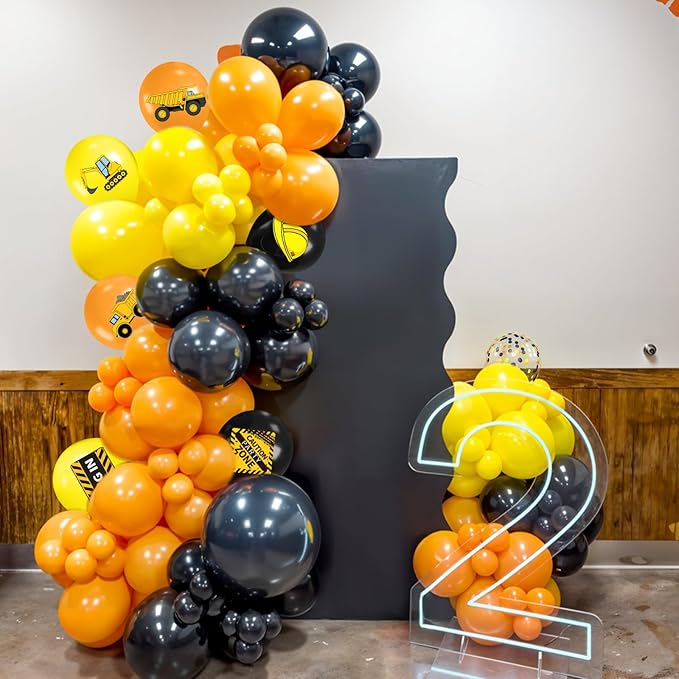 Construction Balloons, 12 Inch Black Yellow Orange Truck Printed Confetti Excavator Balloons for Boy Construction Birthday Party Supplies Excavator Baby Shower Truck Themed Party Decoration Backdrop