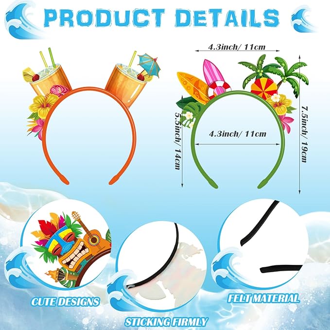 Capoda 32 Pcs Hawaiian Party Headband Felt Luau Head Boppers Tiki Aloha Boppers for Tropical Summer Beach Party Favors Supplies