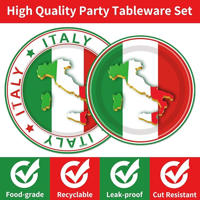 96 Pcs Italian Party Decorations, Italian Flag Plates and Napkins Party Supplies, Italian Theme Tableware Set, Red White and Green Party Decors Favors Disposable Dinnerware Serve 24 Guests