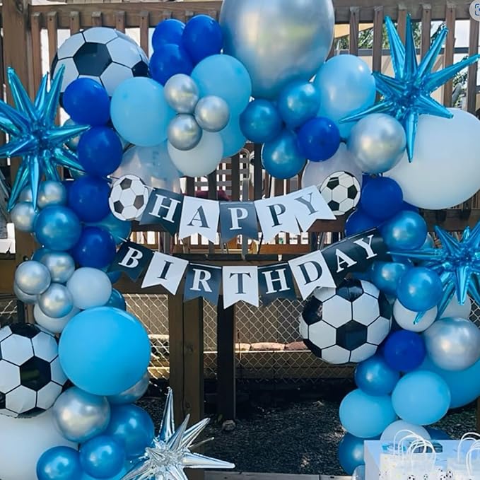 Soccer Balloons, 60Pcs 12 Inch Metallic Blue Silver White Confetti Soccer Party Latex Balloons for Kids Boy Soccer Birthday Sport Party Decorations Sports Baby Shower Graduation Party Supplies