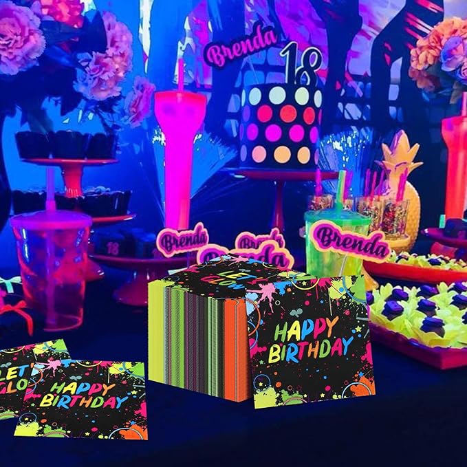 100Pcs Let’s Glow Party Napkins, 13 x 13 Inches Glow in The Dark Paper Napkins, Black Light Neon Paint Party Napkins for Lets Glow Crazy Party Neon Fluorescent Birthday Party Decorations