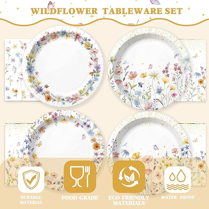 40 Pcs WildFlower Plates and Napkins Tableware Sets for WildFlower Party Decorations, Flower Birthday Decorations Which Can Serve 20