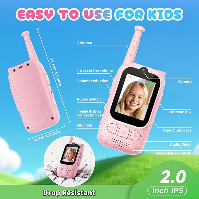 Kids Audio/Video Walkie Talkies, 2 Pack Rechargeable Walkie Talkies for Kids with 2’’ Screen & Camera & Voice Changer, Long Range Boys Girls Toys for Indoor Outdoor Camping Hiking Games (Pink/Pink)